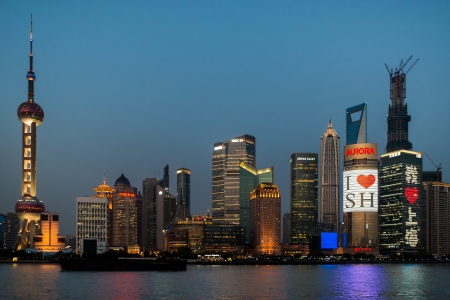 Shanghai, China - April 7, 2013: pudong waterfront at sunset  at the city of Shanghai in China on april 7th, 2013のeditorial素材