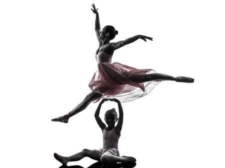 woman and  little girl   ballerina ballet dancer dancing in silhouette on white backgroundの写真素材