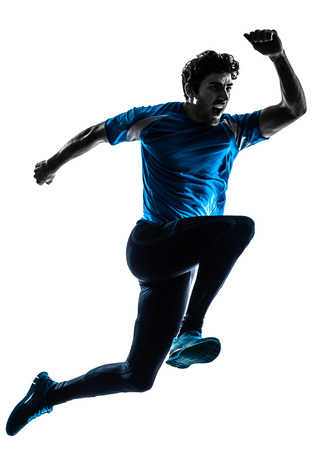one caucasian man running sprinting jogging shouting in silhouette studio isolated on white background one caucasian man running sprinting jogging shouting in silhouette studio isolated on white background