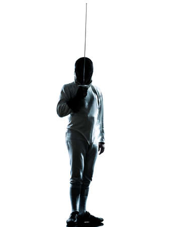 one man fencing saluting silhouette in studio isolated on white background