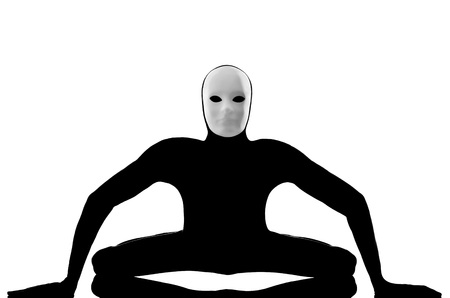 performer man mime with mask stretching flexibility on studio isolated on white backgroundの写真素材