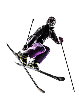 one caucasian woman skier s freestyler jumping in silhouette on white background one caucasian woman skier s freestyler jumping in silhouette on white background