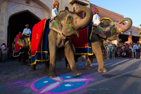 Jaipur, Rajasthan,India - March 29 : people and elephants of the city are celebrating the gangaur festival one of the most important of the year march 29 2009 in jaipur,rajasthan,indiaのeditorial素材