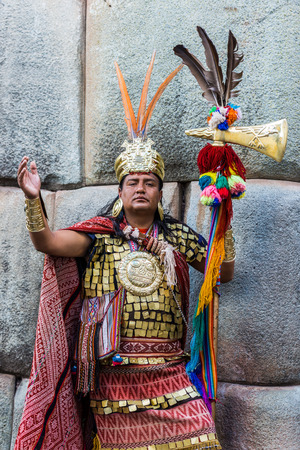 Cuzco, Peru - July 13, 2013: man disguised as Inca warrior  in the peruvian Andes at Cuzco Peru on july 13th, 2013のeditorial素材