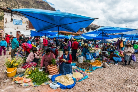 Pisac, Peru - July 14, 2013: people in the Pisac Market in the peruvian Andes at Pisac Peru on july...