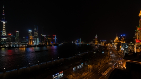 Shanghai, China - April 7, 2013: panoramic view of the bund and pudong at night at the city of Shanghai in China on april 7th, 2013のeditorial素材