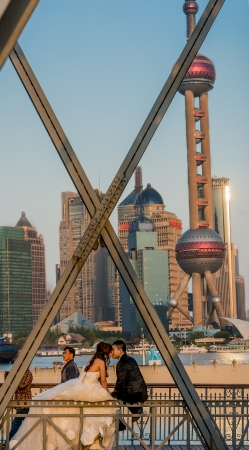 Shanghai, China - April 7, 2013:  young wedding couple on The Waibaidu Bridge at the city of Shanghai in China on april 7th, 2013のeditorial素材