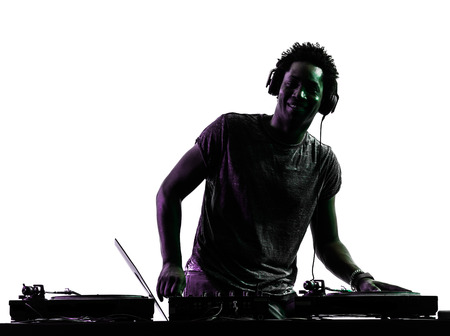 one disc jockey man in silhouette  on white backgroundの写真素材
