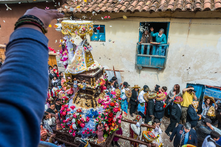 Pisac, Peru - July 16, 2013: Virgen del Carmen parade in the peruvian Andes at Pisac Peru on july 16th, 2013のeditorial素材