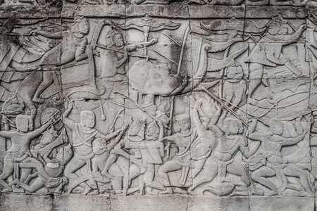 war scene carving prasat bayon temple Angkor Thom Cambodiaの写真素材