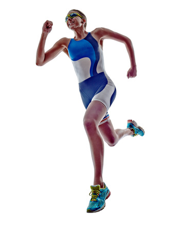 woman triathlon ironman athlete runner running  on white backgroundの写真素材