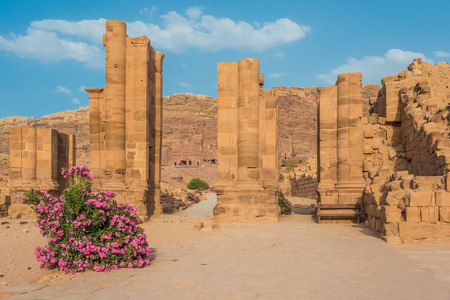 The Hadrien Gate roman avenue in Nabatean Petra Jordan middle eastの写真素材