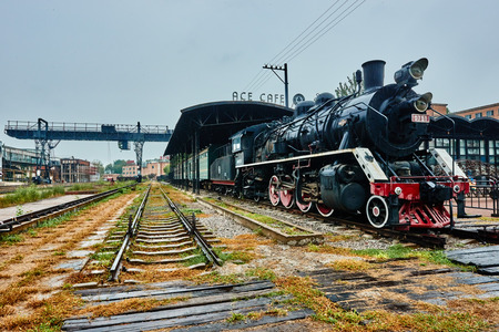 Beijing , China - September 23, 2014 : ancient train steam engine of AT CAFE  of the  798 Art District zone aera in Beijing Chinaのeditorial素材