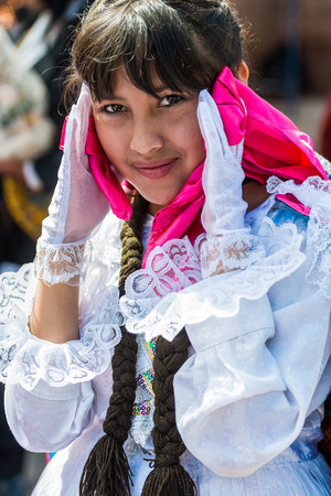 Pisac, Peru - July 16, 2013: woman portrait at Virgen del Carmen parade in the peruvian Andes at Pisac Peru on july 16th, 2013のeditorial素材