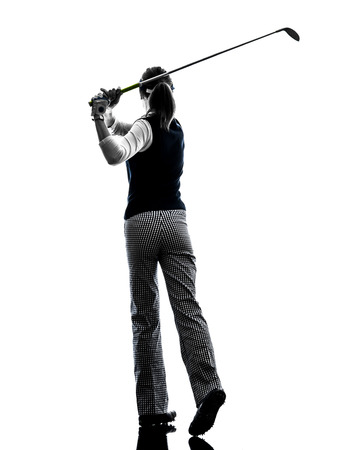woman golfer golfing silhouette in white backgroundの写真素材