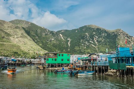 Tai O, Hong Kong, China- June 10, 2014: stilt houses and fishermen motorboats in Lantau islandのeditorial素材