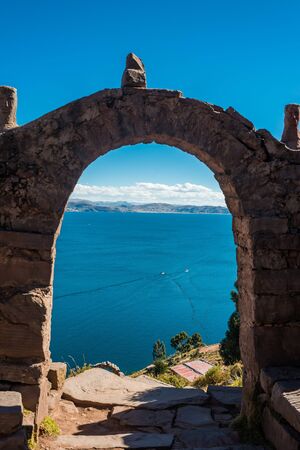 gateway at Taquile Island in the peruvian Andes at Puno Peruの写真素材