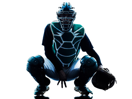 one caucasian man baseball player playing  in studio  silhouette isolated on white background
