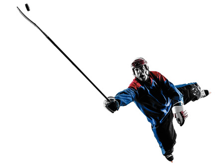 one caucasian man hockey player  in studio  silhouette isolated on white backgroundの写真素材
