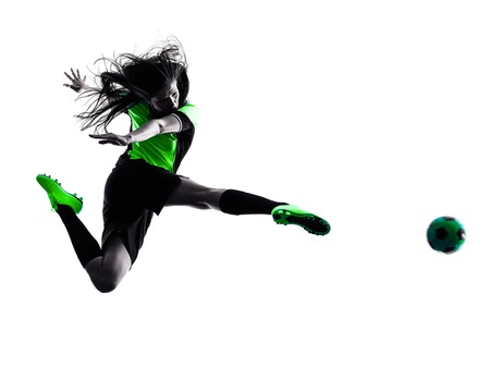 one woman playing soccer player in silhouette isolated on white backgroundの写真素材