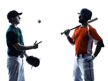 one caucasian men baseball players playing  in studio  silhouette isolated on white background