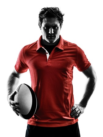 one caucasian rugby man player  in studio  silhouette isolated on white backgroundの写真素材
