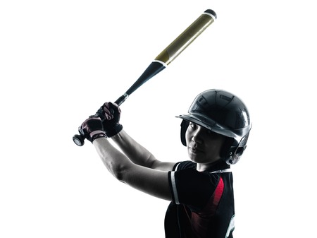 one woman playing softball players in silhouette isolated on white background