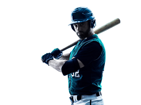 one caucasian man baseball player playing  in studio  silhouette isolated on white backgroundの写真素材