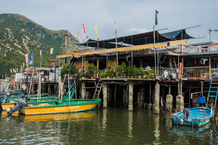 Tai O, Hong Kong, China- June 10, 2014: stilt houses and fishermen motorboats in Lantau islandのeditorial素材