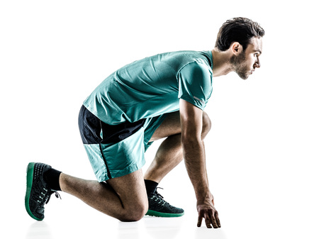 one young man runner jogger running jogging in silhouette isolated on white background