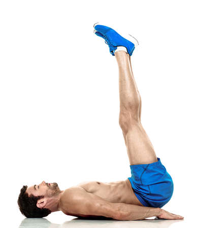 one caucasian man  exercising fitness exercises isolated on white background