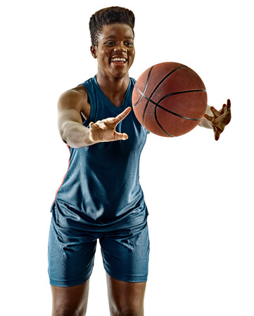 one african Basketball players woman teenager girl isolated on white background with shadowsの写真素材