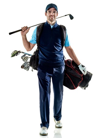 one caucasian man golfer golfing in studio isolated on white backgroundの写真素材