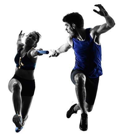 athletics relay runners sprinters running runners in silhouette isolated on white background