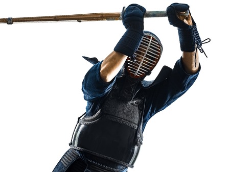 Kendo martial arts fighters in silhouette isolated on white bacground (the japanese script is the name of the fighter ,blank is for the beginners regarding rules )の写真素材