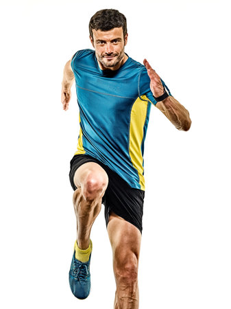 one caucasian handsome mature man running runner jogging jogger isolated on white background