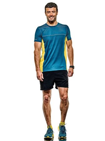 one caucasian handsome mature man running runner jogging jogger isolated on white backgroundの写真素材