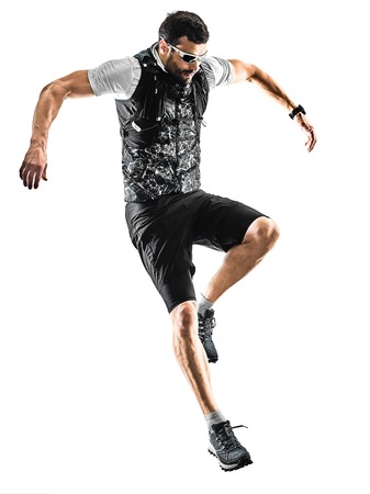 one caucasian man trail runner running silhouette isolated on white backgroundの写真素材