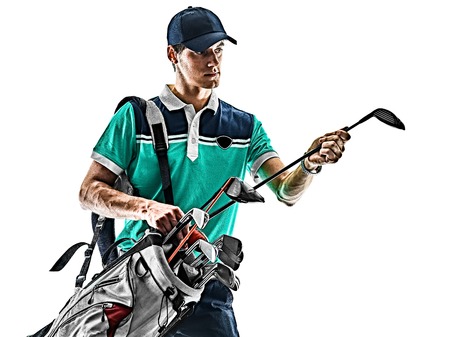 one young caucasian Man Golf golfer golfing isolated  on white backgroundの写真素材