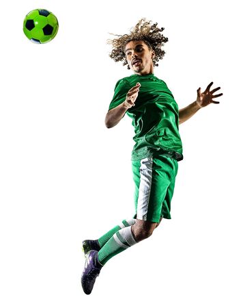 one mixed race young teenager soccer player man playing in silhouette isolated on white backgroundの写真素材