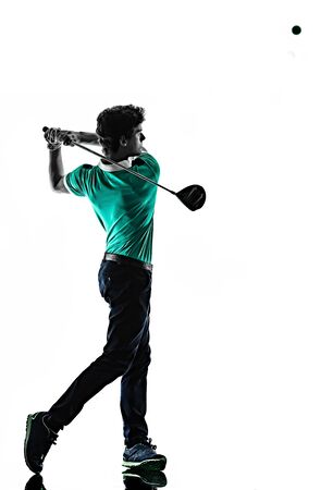 one young caucasian Man Golf golfer golfingshadow silhouette isolated on white backgroundの写真素材