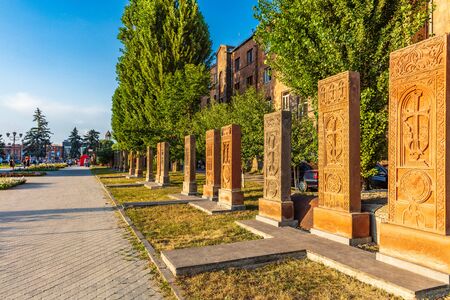 Khachkar tombstone of aboyan street landmark of Gyumri Shirak Armenia eastern Europeの写真素材