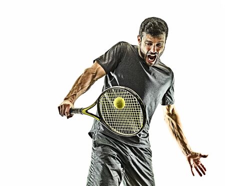 one caucasian mature tennis player man backhand portrait waist up in studio isolated on white backgroundの写真素材