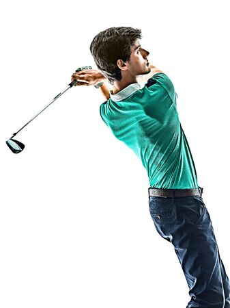 one young caucasian Man Golf golfer golfing isolated on white backgroundの写真素材