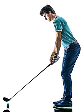 one young caucasian Man Golf golfer golfing isolated on white backgroundの写真素材