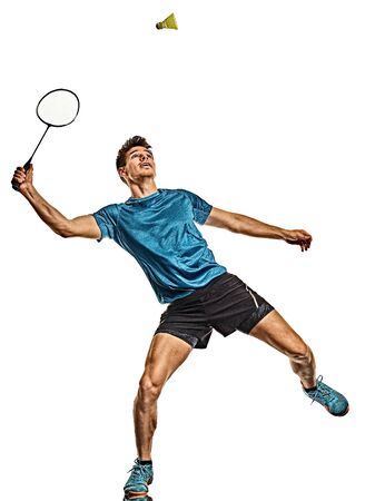 Badminton player young man isolated white backgroundの写真素材