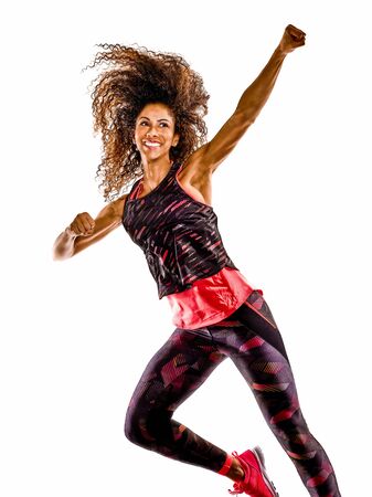woman cardio dancer dancing fitness fitness exercises isolated white backgroundの写真素材