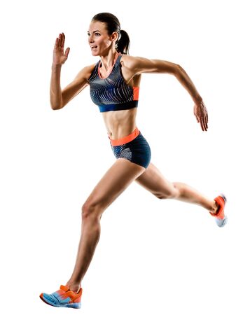 young woman runner running jogger jogging athletics isolated white backgroundの写真素材