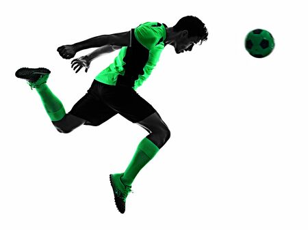 young soccer player man silhouette shadow isolated white backgroundの写真素材