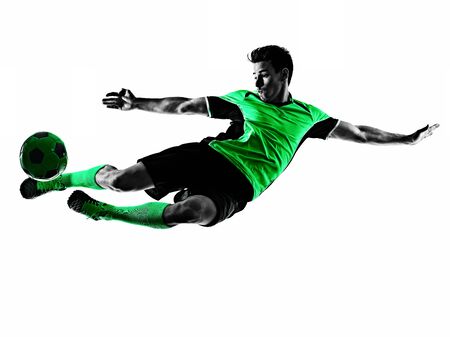 young soccer player man silhouette shadow isolated white backgroundの写真素材